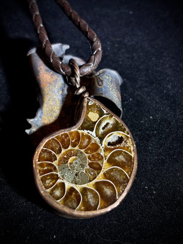 Ammonite Fossil set in Copper on Leather Necklace